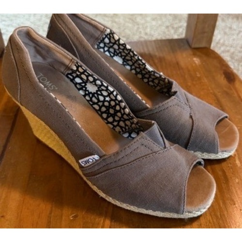 TOMS Calypso Taupe Canvas Espadrille Wedge Sandals Peep Toe‎ Womens 8 Brown